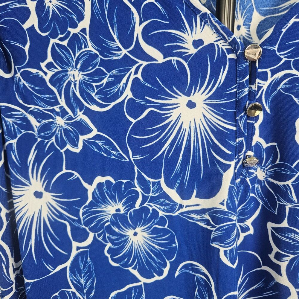 Anne Klein AK Womens Large Blue Floral Blouse Top Flutter Sleeve Tropical - Picture 2 of 10